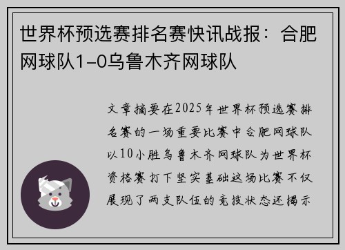 世界杯预选赛排名赛快讯战报：合肥网球队1-0乌鲁木齐网球队