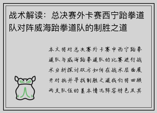 战术解读：总决赛外卡赛西宁跆拳道队对阵威海跆拳道队的制胜之道