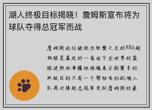 湖人终极目标揭晓！詹姆斯宣布将为球队夺得总冠军而战